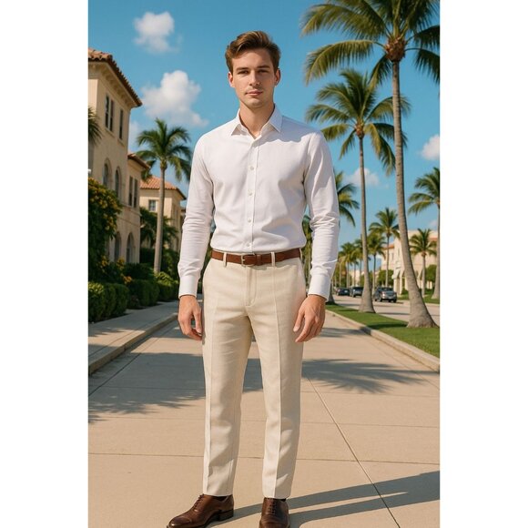 Perry Ellis 36x29 Portfolio Trouser Linen Pants Lightweight Mens Slacks Cream - Picture 9 of 14